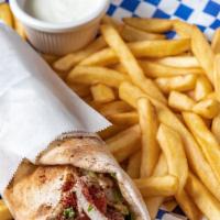 Chicken Shawarma Sandwich · Served with French fries.