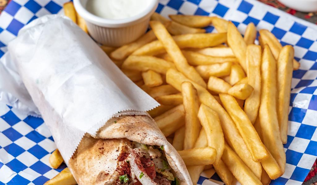 Chicken Kebab Sandwich · Served with French fries.