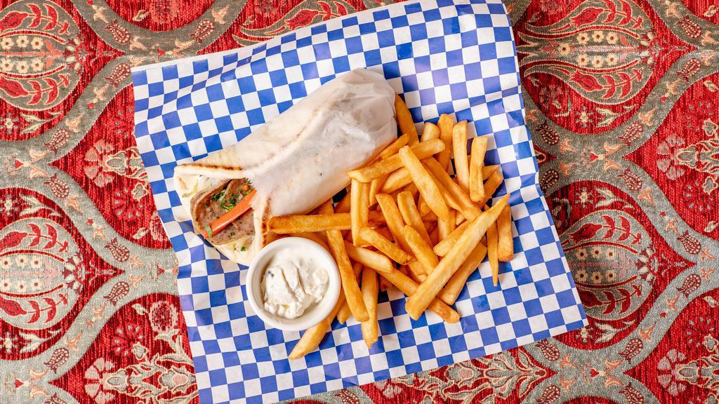 Beef Gyro & Pita Sandwich · Served with French fries.