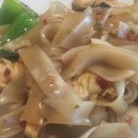 36 (T, L). Pad Khi Mao (Drunken Noodle) *** · *** Hot spicy. Stir-fried wide flat noodle, chicken, pork, beef & shrimp, Thai chili, bell p...