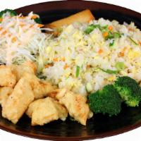Fried Rice Platter · Vegetarian fried rice, eggroll, and fried chicken.
