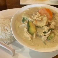 Green Curry · Coconut, broccoli, cauliflower, carrots, onions, and zucchini.  Choice of chicken or tofu as...