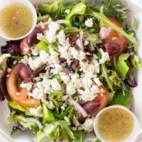 Greek Salad · Cucumber, tomatoes, onions, olives, feta cheese. Add chicken for an additional charge.