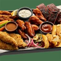 Dave'S Sampler Platter Appetizer · Southside Rib Tips, Chicken Strips, Sweetwater Catfish Fingers, Onion Strings and Fried Pick...