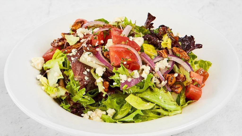 House Salad · Tomatoes, candied pecans, bleu cheese, red onion & spring mix with your choice of dressing. We recommend the white balsamic vinaigrette