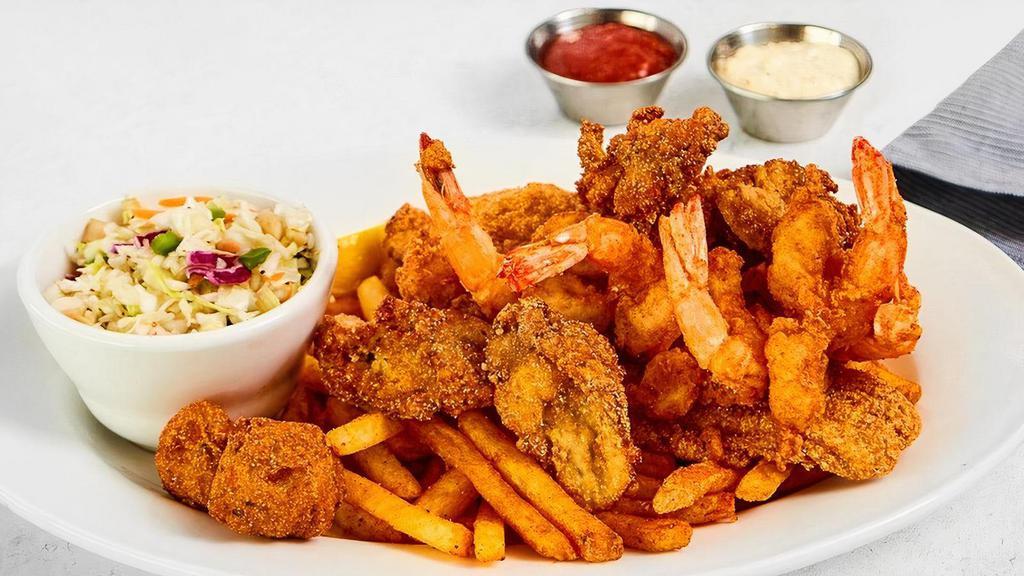 Pick 3 Combo · Catfish, Shrimp, Beer Battered Cod or Oysters – Pick Any 3 with your choice of two sides. We recommend Virginia's Apple Cider Coleslaw & Fries