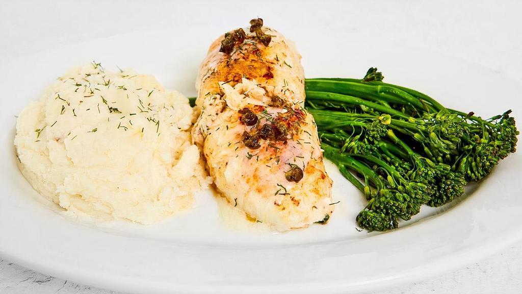 Shrimp & Crab Stuffed Flounder · Caper dill beurre blanc and served with your choice of two sides. We recommend mashed potatoes & broccolini
