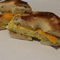 Egg And Cheese Bagel · Two scrambled eggs and cheese on a bagel.