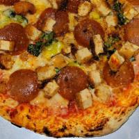 Chickin Parmigiana Pizza · Oh couldn't resist! San Marzano Sauce, Provolone cheeze, Mozzarella cheeze. Pepperoni, Chopp...