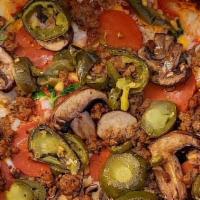 Spicy Supremo Pizza · The O.G.! A fan fave! Simply Irresistible! San Marzano Sauce, Cheddar cheeze, Mozzarella che...