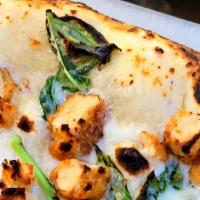 Chickin Alfredo Pizza · A unique plant based crafted Alfredo sauce, warm, gooey, delicious af! Roasted Basil, Mozzar...