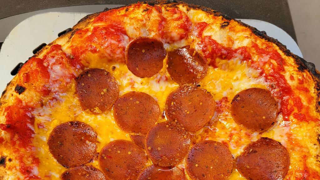 Pepperoni Pizza · The all time classic! Sweet San Marzano Sauce, Mozzarella cheeze, Pepperoni, Parsley Flakes, Perfectly Baked! Add topping for an additional price. Add pepperoni, italian sausage, chicken, plant fire ranch, chipotle ranch, stuft crust for an additional price.
