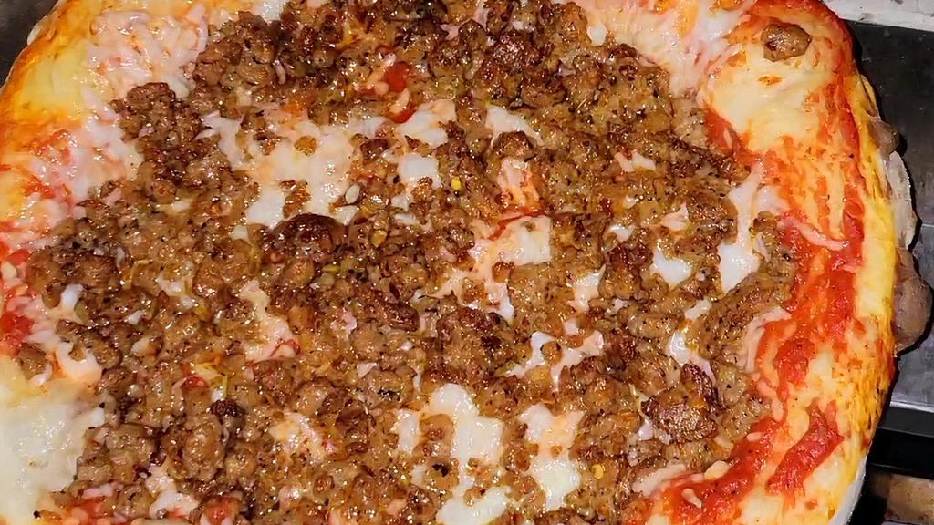Sausage Pizza · The all time classic! Sweet San Marzano Sauce, Mozzarella cheeze, Spicy Italian Sausage, Parsley Flakes, Perfectly Baked! Add topping for an additional price. Add pepperoni, italian sausage, chicken, plant fire ranch, chipotle ranch, stuft crust for an additional price.