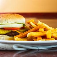 Cheeseburger & Fries · 100% beef and never frozen, 
6 oz. patty, melted American cheese, lettuce, tomatoes, onion, ...