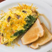 Vegetable & Cheese Omelette/ Toast · start with 3 eggs, bell pepper, onion, mushroom, tomato, spinach and cheese.