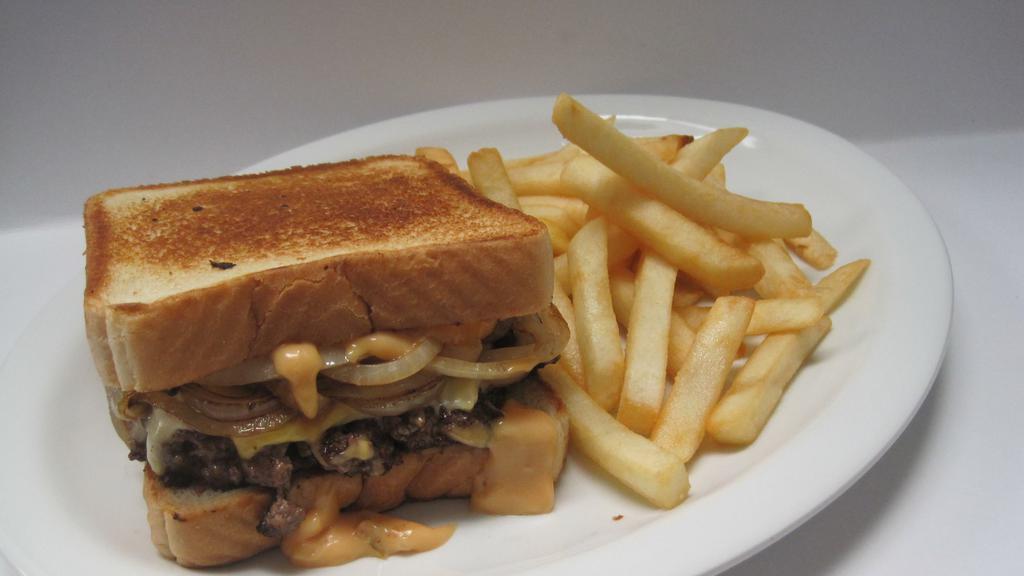 Patty Melt & Fries · 100% beef, never frozen
6 oz. patty, grilled onion, melted American and Swiss cheese, 1000 island dressing on Texas toast.