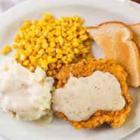 Chicken Fried Chicken Lunch · Big homemade chicken fried chicken / side grave served with mashed potato, corn, and toast