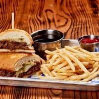 Cheesy Brisket Melt · Smoked Brisket · Caramelized Red Onions · Provolone cheese · House Made Au Jus · Shiner BBQ ...