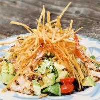 Shrimp And Avocado Salad · Mixed greens, creamy avocado dressing, tomatoes, corn, avocado, poblanos, queso fresco, gril...