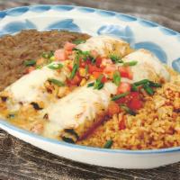 Shrimp & Poblano Enchiladas · Grilled shrimp, Jack cheese, charred poblanos, roasted red pepper cream sauce, corn, tomatoe...