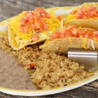The Garcia · Ground beef chalupa, crispy ground beef taco, puffy ground beef taco. Served with Rice & Fri...