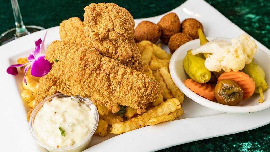 Southern Fried Catfish · Four Fried c
Catfish fillets served with Fries, Pickled Peppers and Tarter Sauce