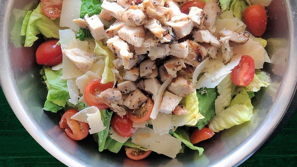 Chicken Caesar · Romaine Lettuce, Parmesan, Croutons, Tomatoes, Grilled Chicken with Caesar Dressing