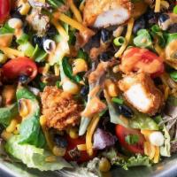 Bbq Ranch Chicken · Romaine Lettuce & Spring Mix, Roasted Corn, Black Beans, Tomatoes, Cheddar, Greens Onions, C...