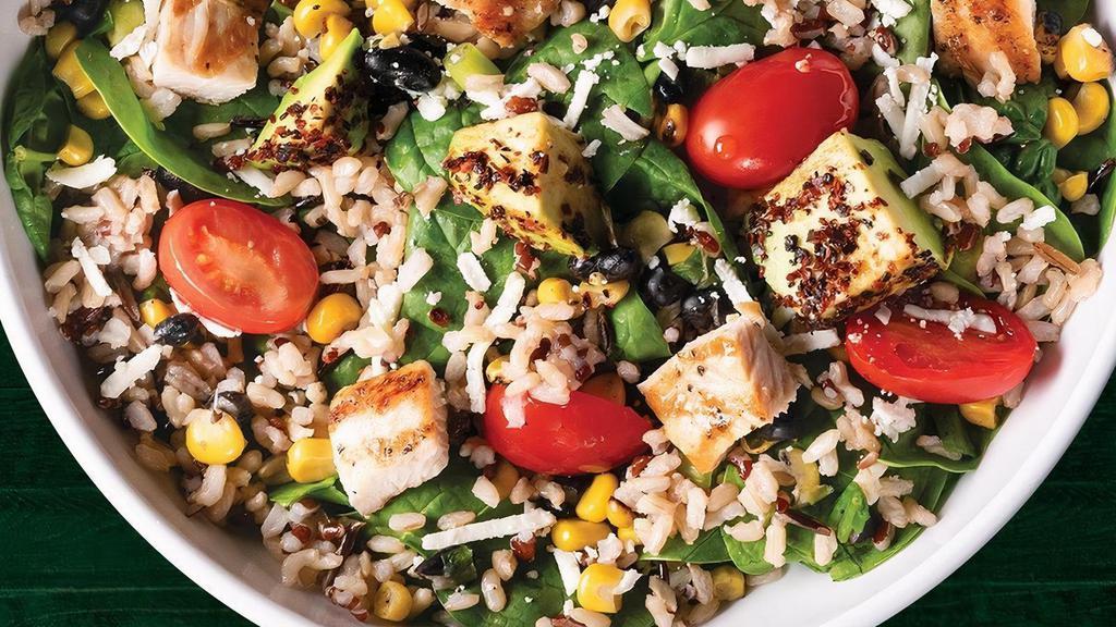 Southwest · Spinach, Wild Rice Blend, Spicy Avocado, Queso Fresco, Black Bean/Poblano/Corn Relish, Tomatoes, Grilled Chicken with Cilantro Chili Lime Dressing