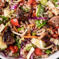 Korean Bbq · Wild Rice Blend, Spinach, Red & Napa Cabbage, Carrots, Roasted Red Peppers, Cucumbers, Green...