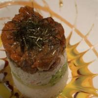 Mavs (Ahi Tower) · Spicy. A four layered tower made of spicy tuna, avocado, crab meat, and sushi rice with thre...