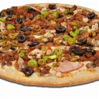 Sampler® - Medium · Smoked Provolone cheese, pepperoni, mild sausage,
Canadian bacon, ground beef, green olives,...
