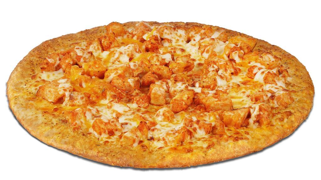 Buffalo Chicken - Large · Chicken marinated in a spicy hot sauce and
topped with smoked Provolone and cheddar cheese, all on a lightly
flavored garlic crust. (Cal 1960/2780 Pan 2090/2830)