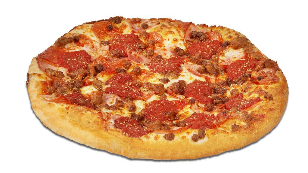 Meat Sicilian · Pan Perfect® crust, lightly flavored with
garlic butter then covered with smoked Provolone cheese,
spicy Italian sausage, pepperoni, mild sausage, and
Italian seasoning.