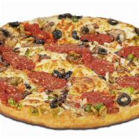 Veggie Sicilian · Pan Perfect® crust, lightly flavored with garlic
butter then covered with smoked Provolone c...