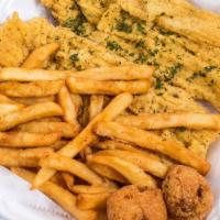 Catfish Basket · Five hand-battered catfish pieces served with your choice of one side and two hushpuppies.