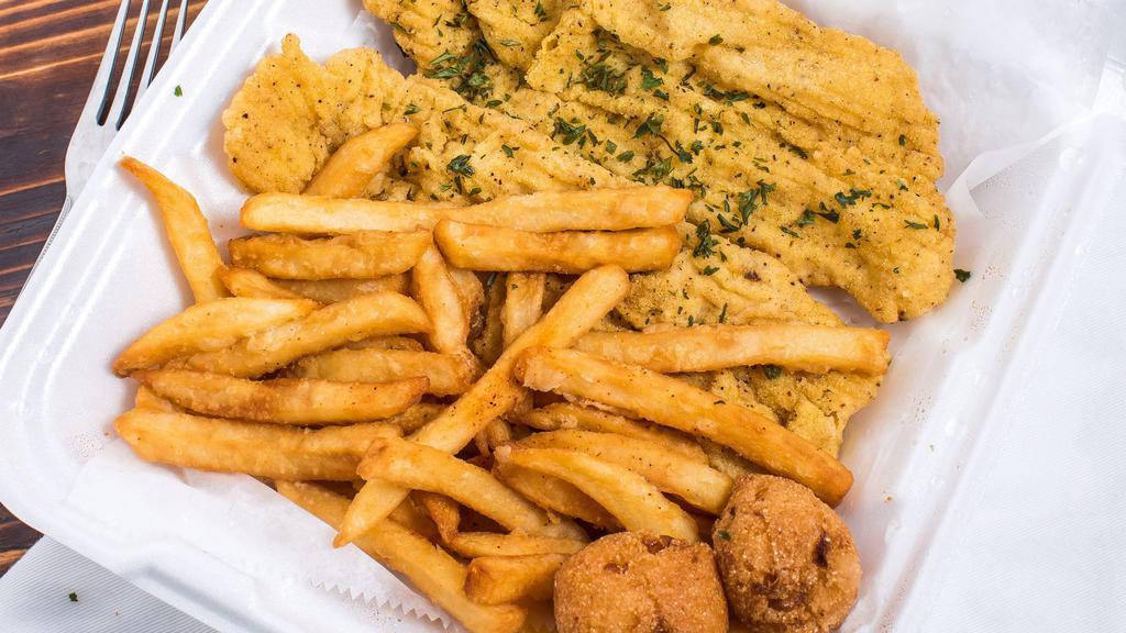 Fish Basket · Five hand-battered fish pieces served with your choice of side and two hushpuppies.