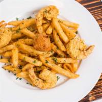 Shrimp Snack · Four hand-battered jumbo shrimp served over a bed of fries and one hushpuppy.