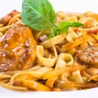 Chicken & Sausage Calabrese · Sliced chicken and savory Italian sausage sautéed with fresh mushrooms and onions, tossed wi...