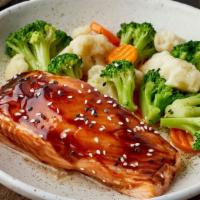 Teriyaki Salmon Bowl · A popular Japanese dish of braised and flaky salmon topped with our sweet teriyaki sauce. Th...