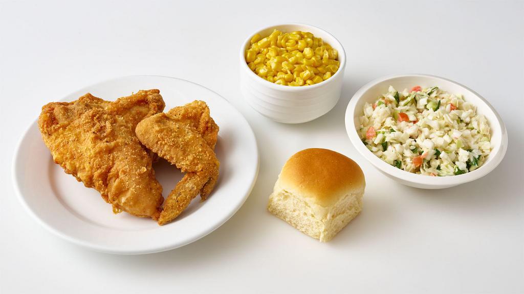 2-Piece White Meal · 1 chicken breast, 1 chicken wing, 2 small sides, and a roll/biscuit. Serving size: 1.