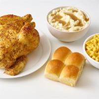 Roasted Chicken Meal · 1 roasted chicken, 2 large sides, and 4 rolls/biscuits. Serving size: 4.