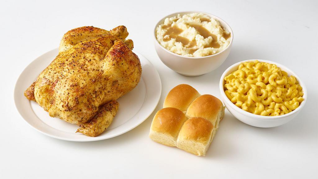 Roasted Chicken Meal · 1 roasted chicken, 2 large sides, and 4 rolls/biscuits. Serving size: 4.
