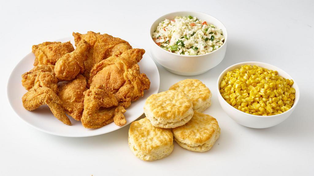 8-Piece Chicken Meal · 2 wings, 2 legs, 2 breasts, 2 thighs, 2 large sides, and 4 rolls/biscuits. Serving size: 4.