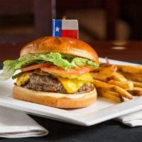 The Texan Burger · Fresh 8oz homemade Burger Patty, cooked to perfection, topped with Cheese, lettuce, tomatoes...