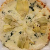 Spinach And Artichoke Pizza · Hand tossed homemade pizza dough topped with our homemade alfredo sauce, fresh spinach, fres...