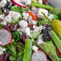 Greek Salad(Gf) · Romaine, mixed greens, grape tomatoes, cucumbers, bell peppers, radish, feta cheese, kalamat...