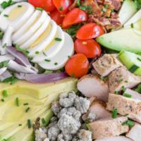 Chicken Cobb Salad(Gf) · Chopped lettuce, grape tomatoes, avocado, bacon, rosemary chicken, cage-free egg, Roquefort ...