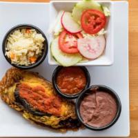 Chiles Rellenos · Served with rice, bean, salad, and 2 tortillas.
