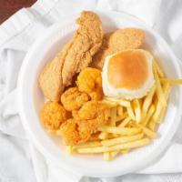 Fish & Shrimp · 3 pieces catfish and 5 pieces shrimp. Comes your choice of any side and a roll.